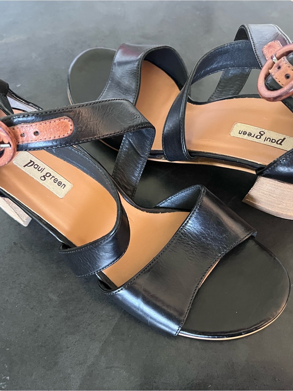 Paul Green Black Leather Cross-Strap Block Heel Sandals
